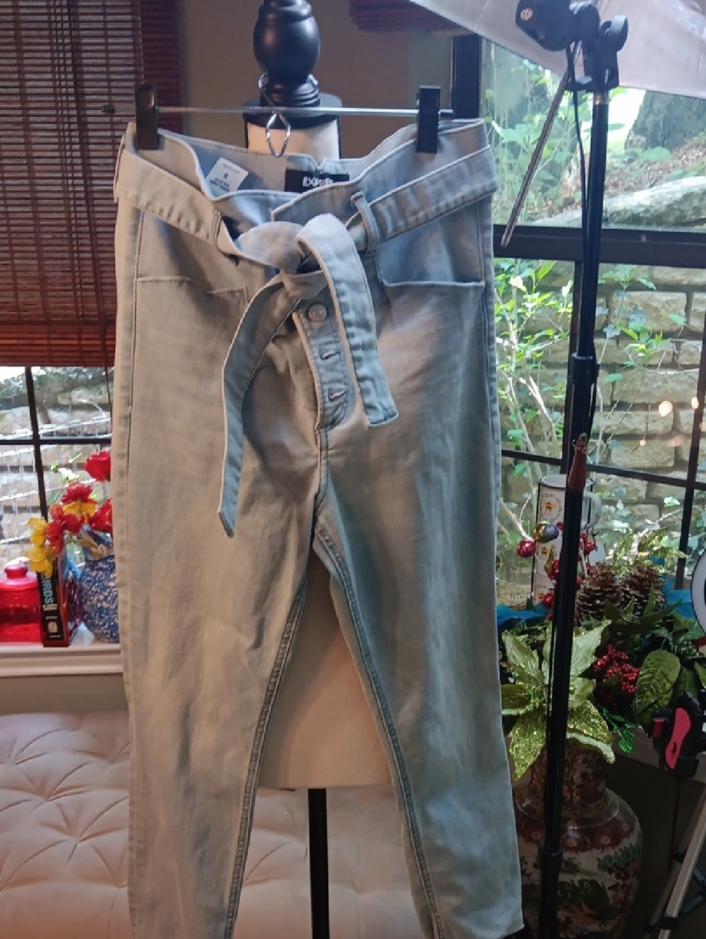 Express Light Blue Denim Tie-Waist Jeans! So Cute! Added MEASUREMENTS